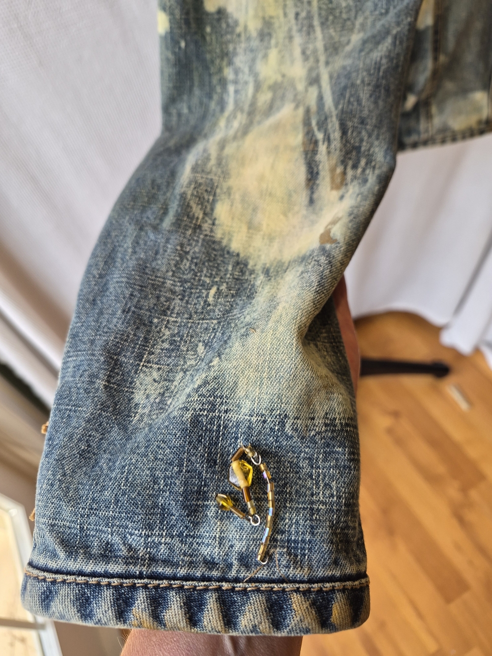 Upcycled Y2K Blue and Cream Embellished Denim Jacket - Picture 3 of 16